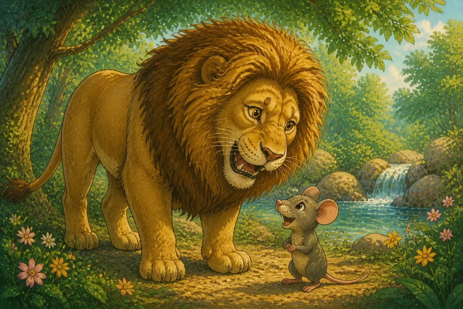 The lion and mouse smiling together, standing in the jungle after the rescue, showing friendship and gratitude.