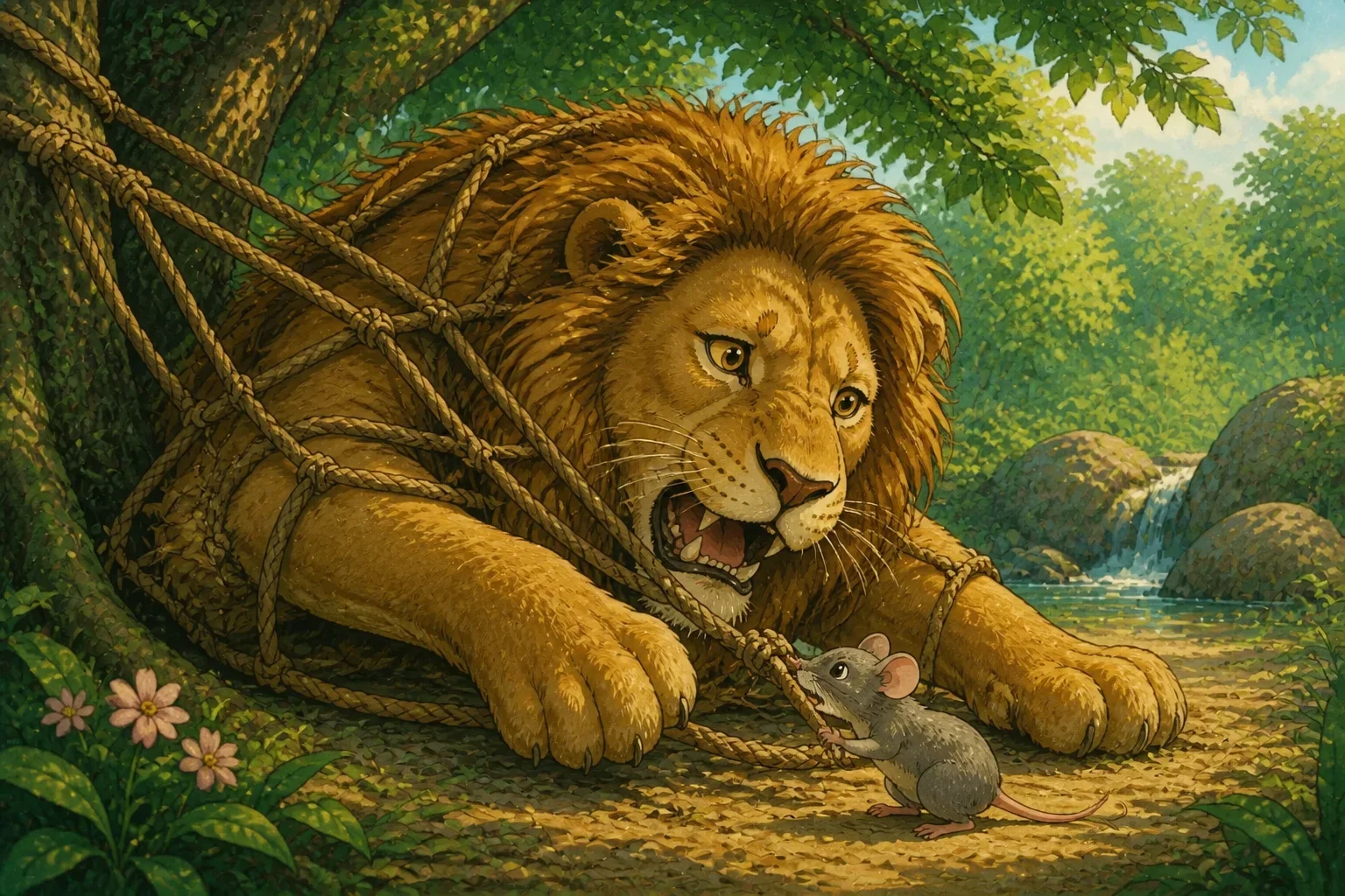 A distressed lion caught in a trap with a tiny mouse trying to gnaw the ropes to save him.