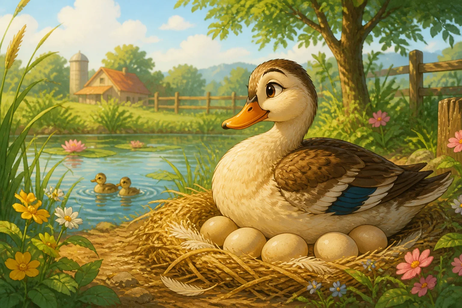 A mother duck sitting on her nest of eggs beside a tranquil pond, with a golden sunlight glow highlighting the peaceful farm scene.