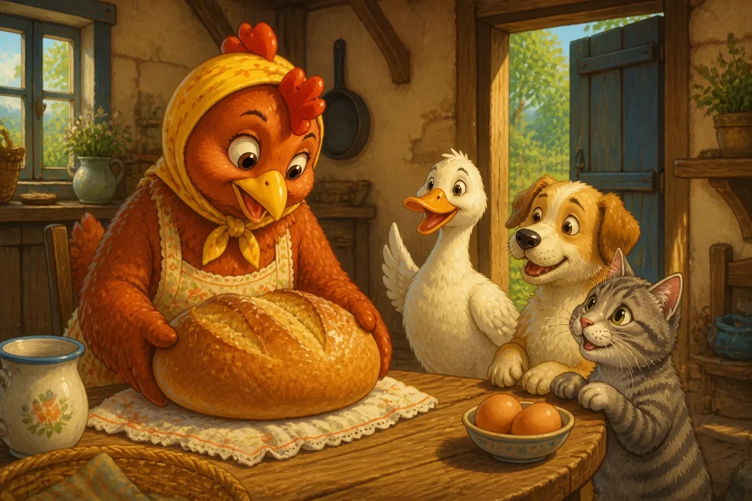 The red hen happily eating a freshly baked loaf of bread, with her friends the dog, cat, and duck watching from a distance, showing a sense of accomplishment and reflection.