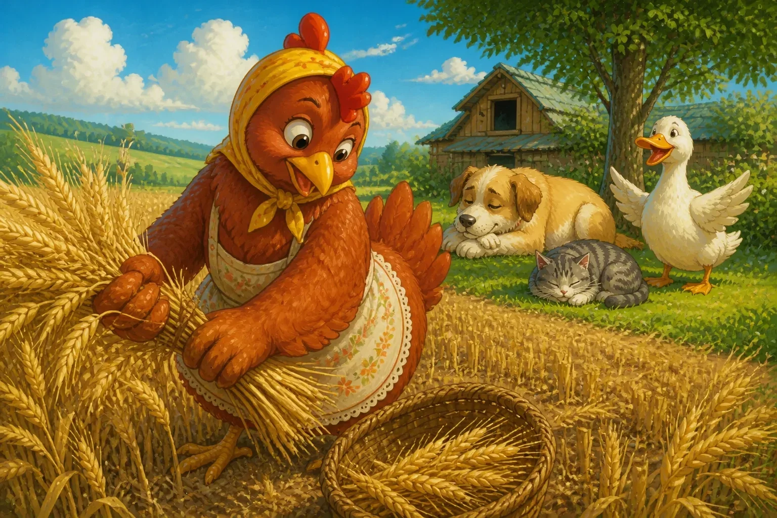 The little red hen, standing tall and proud, harvesting the fully grown wheat alone while her indifferent dog, cat, and duck remain inactive in the background.