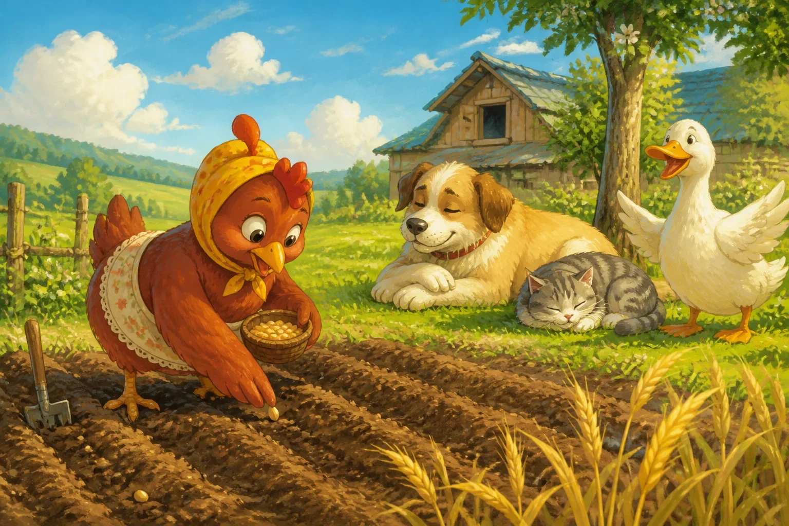 A bright and cheerful farm scene where the little red hen is planting a grain of wheat in the soil with a determined expression, while her lazy farm friends, the dog, cat, and duck, lounge around unhelpfully.