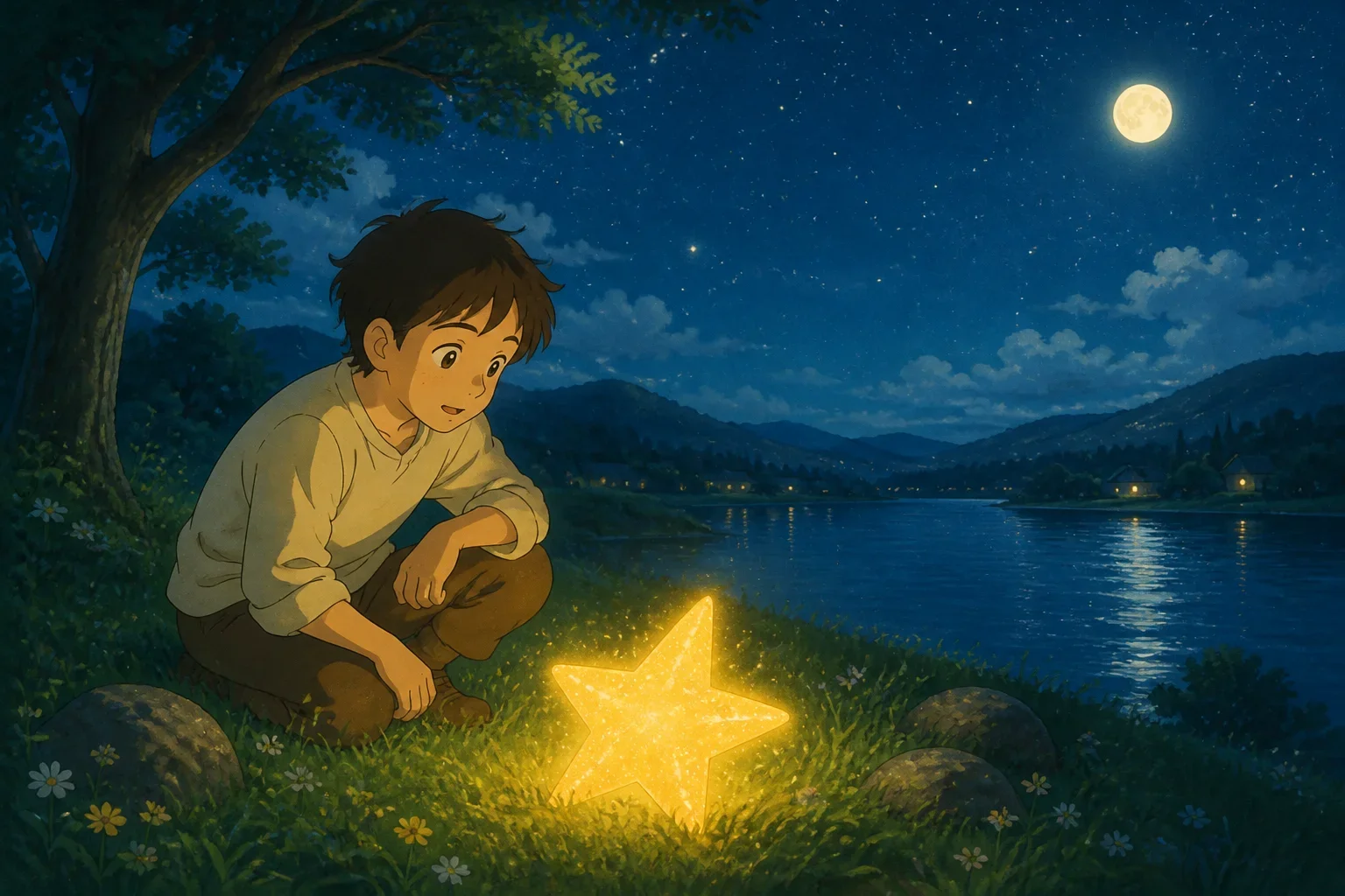 A calm, peaceful night scene showing a young man sitting on green grass by a quiet lake, gazing in awe at a glowing fallen star lying nearby. The scene features a starlit sky, gentle moonlight, and a reflective water surface, in a warm, Ghibli-style children's storybook art style.