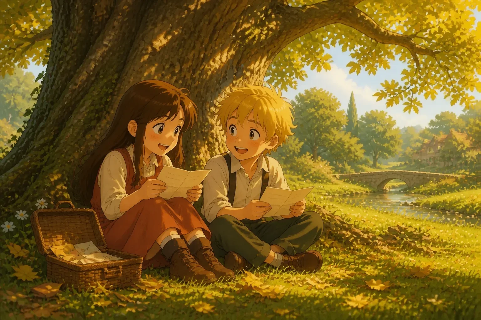 Mia and Ethan sitting under the ancient oak tree, exchanging heartfelt letters and holding hands, with a peaceful park scene in the background.