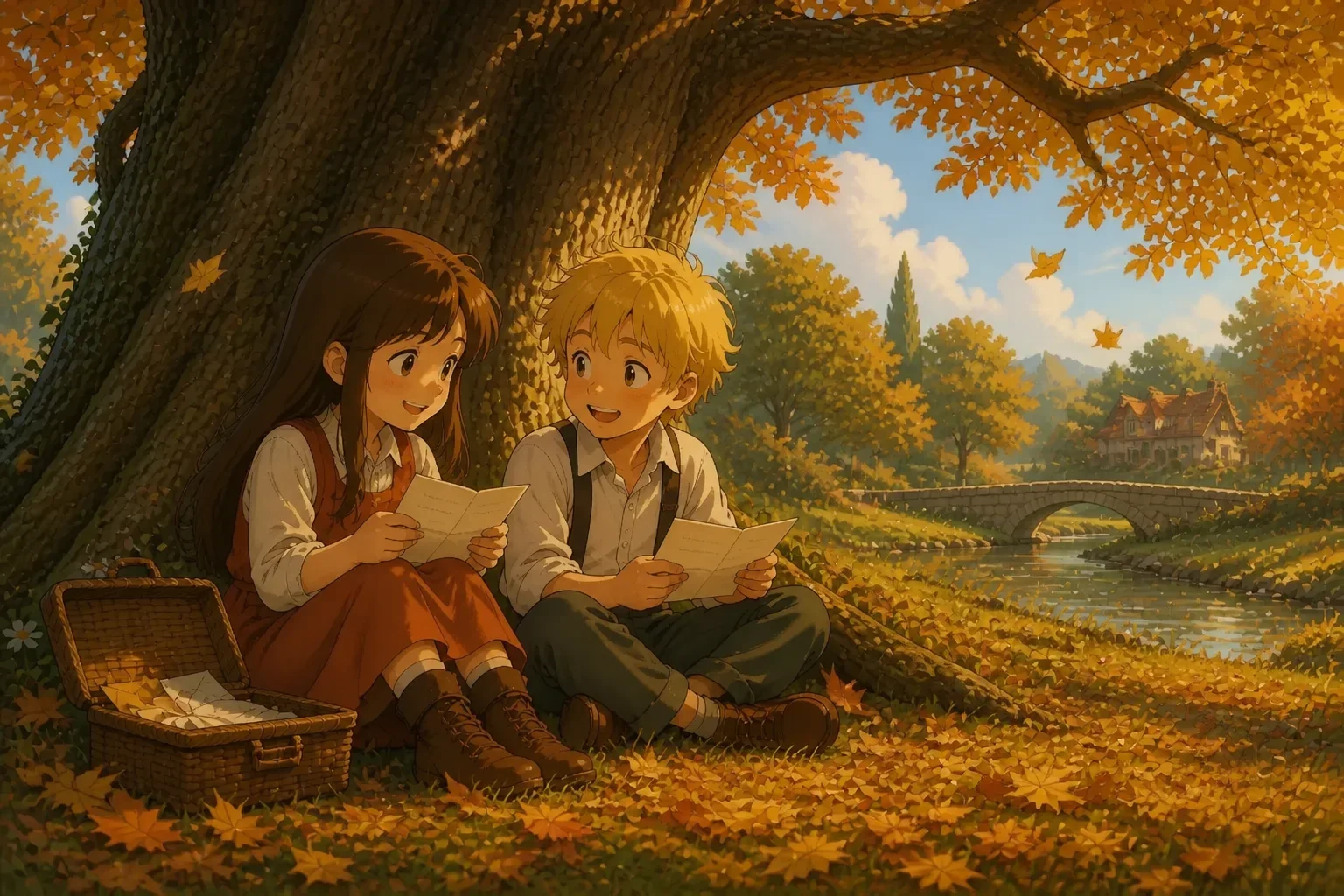 Mia and Ethan exchanging heartfelt letters under the old oak tree, both with tender expressions, surrounded by autumn leaves, symbolizing enduring love despite separation.