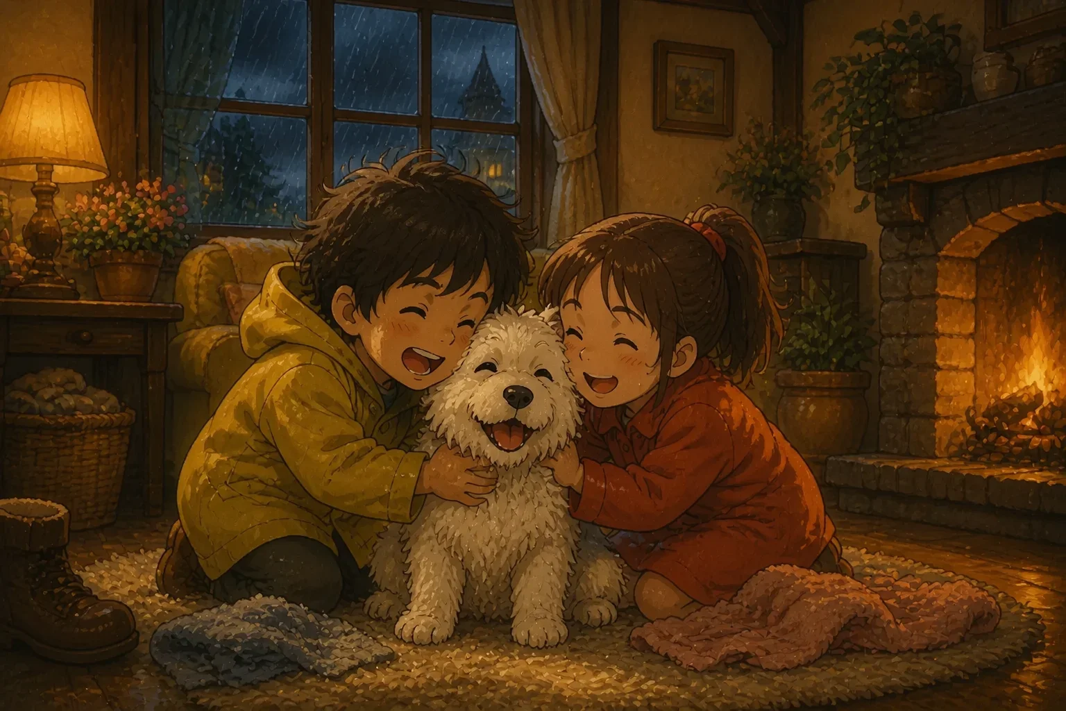 Timmy, Snowball, and a little girl huddled together under a shared blanket inside a cozy house after a storm, showing warmth, comfort, and relief.