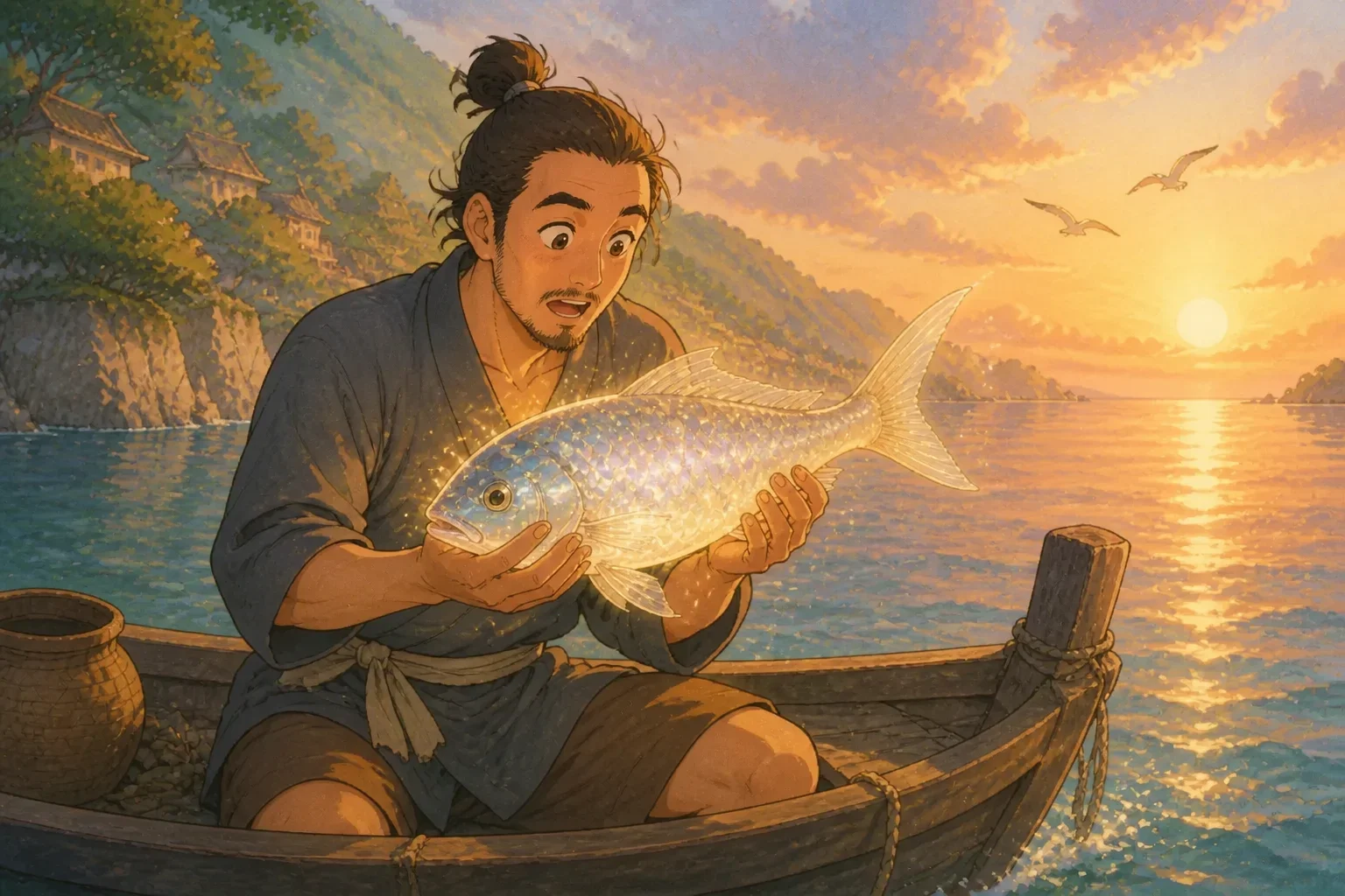 The fisherman pulls up a large, shimmering fish from his net, its scales sparkling in the sunlight as he gazes at it with surprise and wonder.