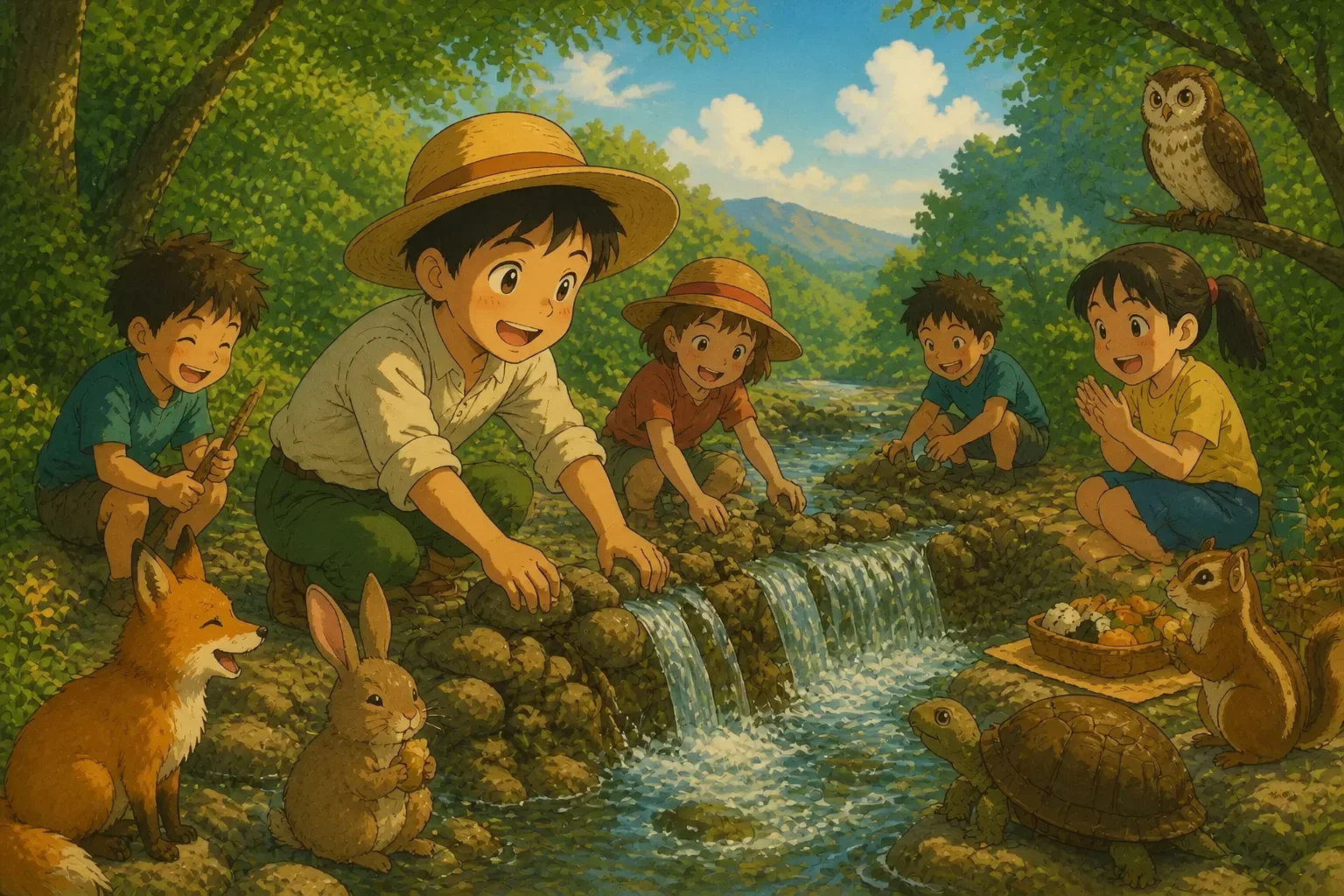 A boy happily playing and building a dam with a group of children by a stream, sharing snacks and laughing together, showing genuine friendship and teamwork.