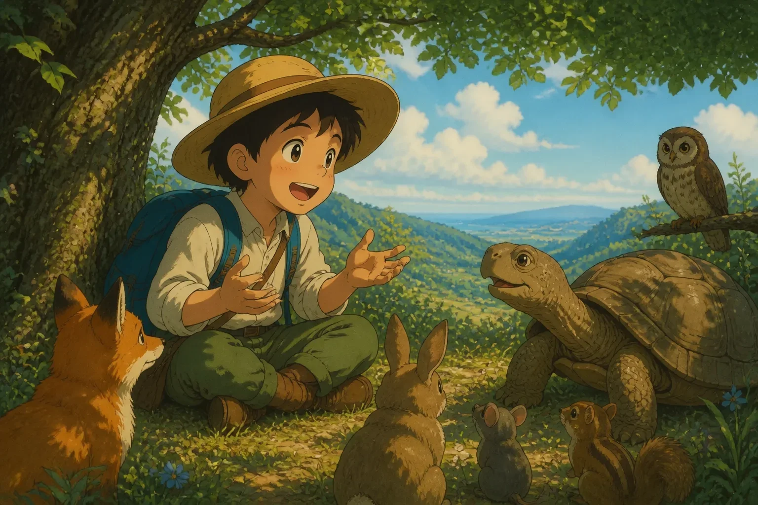 A young boy sitting on a rock in the woods, animatedly telling a tall tale to a wise old tortoise and a group of listening forest animals, all with curious and amused expressions.