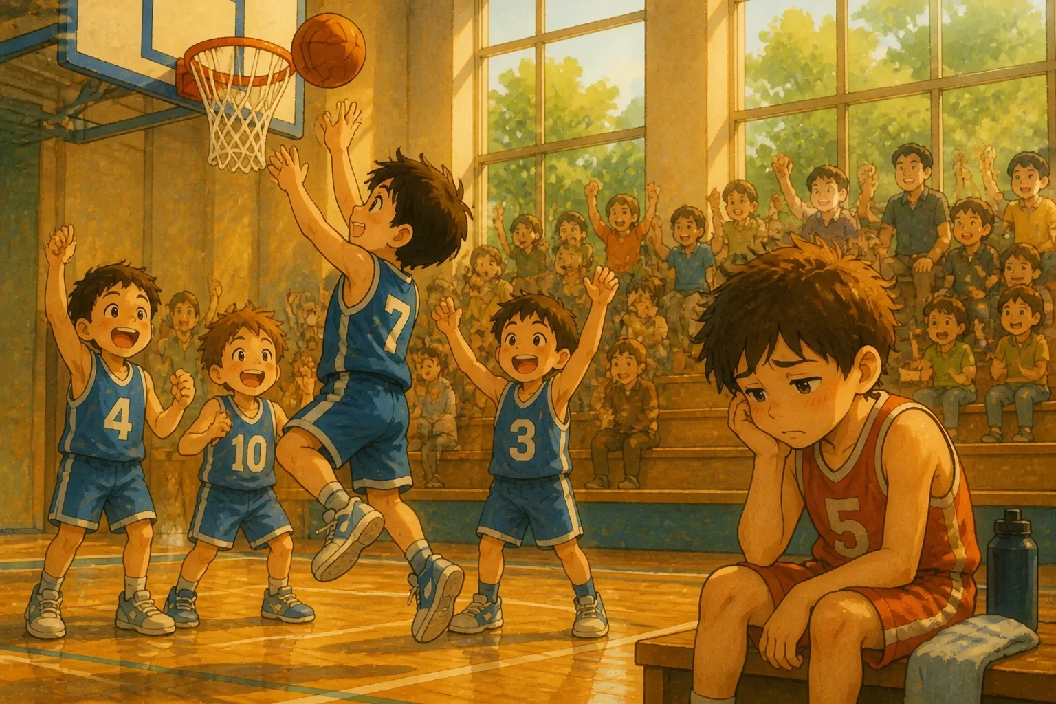 Two boys, Mark and Tom, playing basketball in a gymnasium during a tournament, with Mark showing determination and Tom looking distracted and worried.