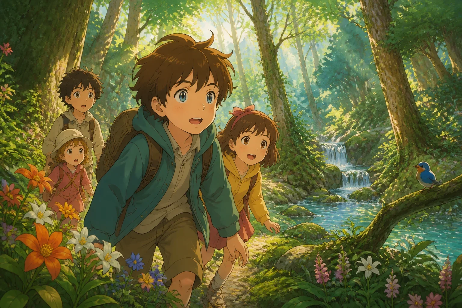 A group of children, led by a cheerful boy with tousled brown hair, exploring a lush, green enchanted forest with tall trees and colorful flowers.