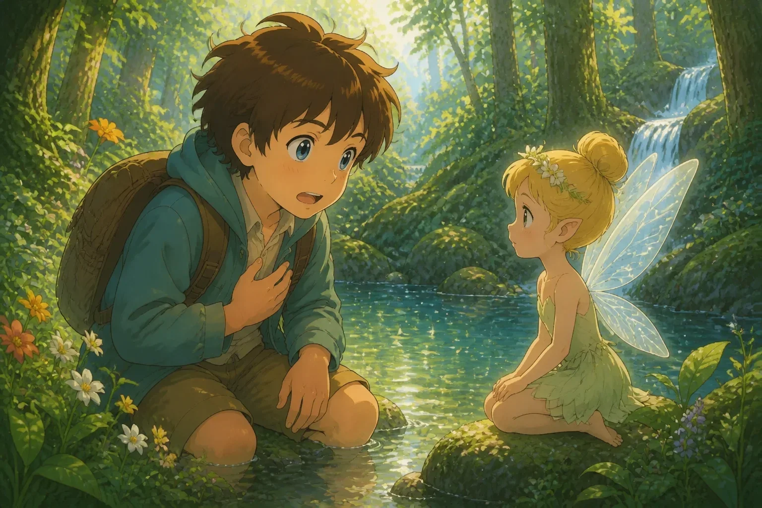 A young boy with tousled brown hair and wide eyes standing by a sparkling pond, speaking to a small fairy with shimmering wings in a magical forest.
