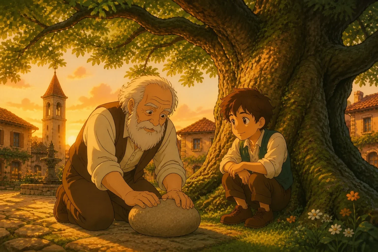 An elderly man with a long white beard gently pushing a smooth stone across the ground in a warm outdoor setting, with Julian watching attentively.