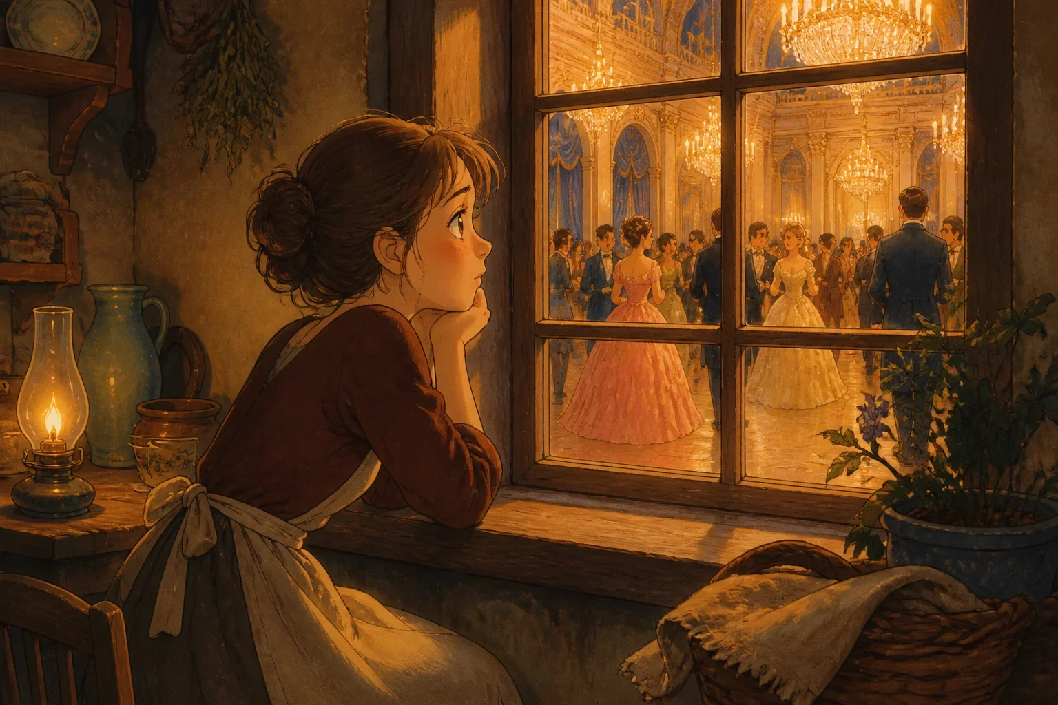 Young woman dressed elegantly dreaming of attending a lavish ball, with a modest background showing her simple home.