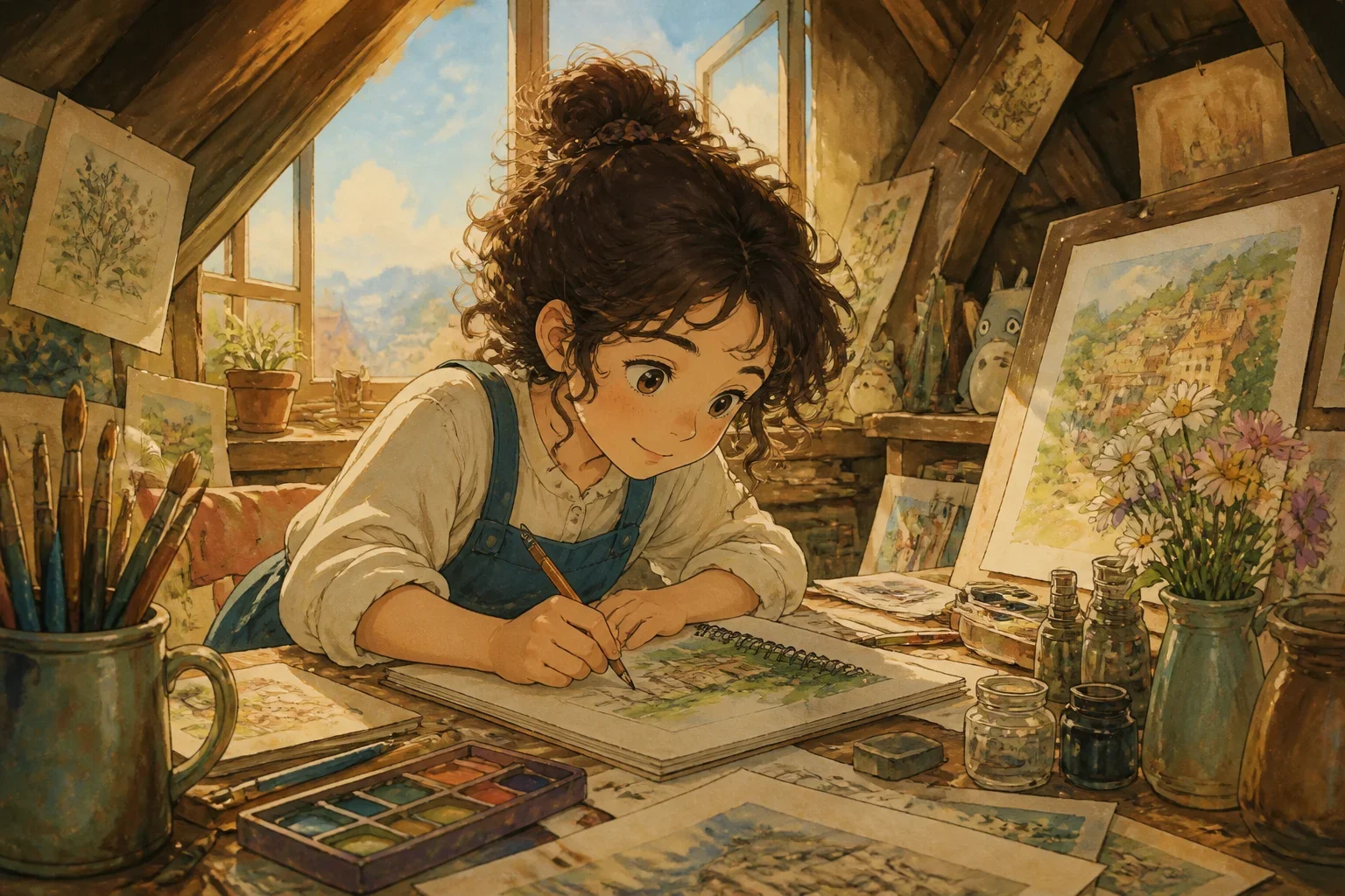 Young girl Maya working on her sketches in her small attic room filled with paintings and art supplies, reflecting her passion and dreams.