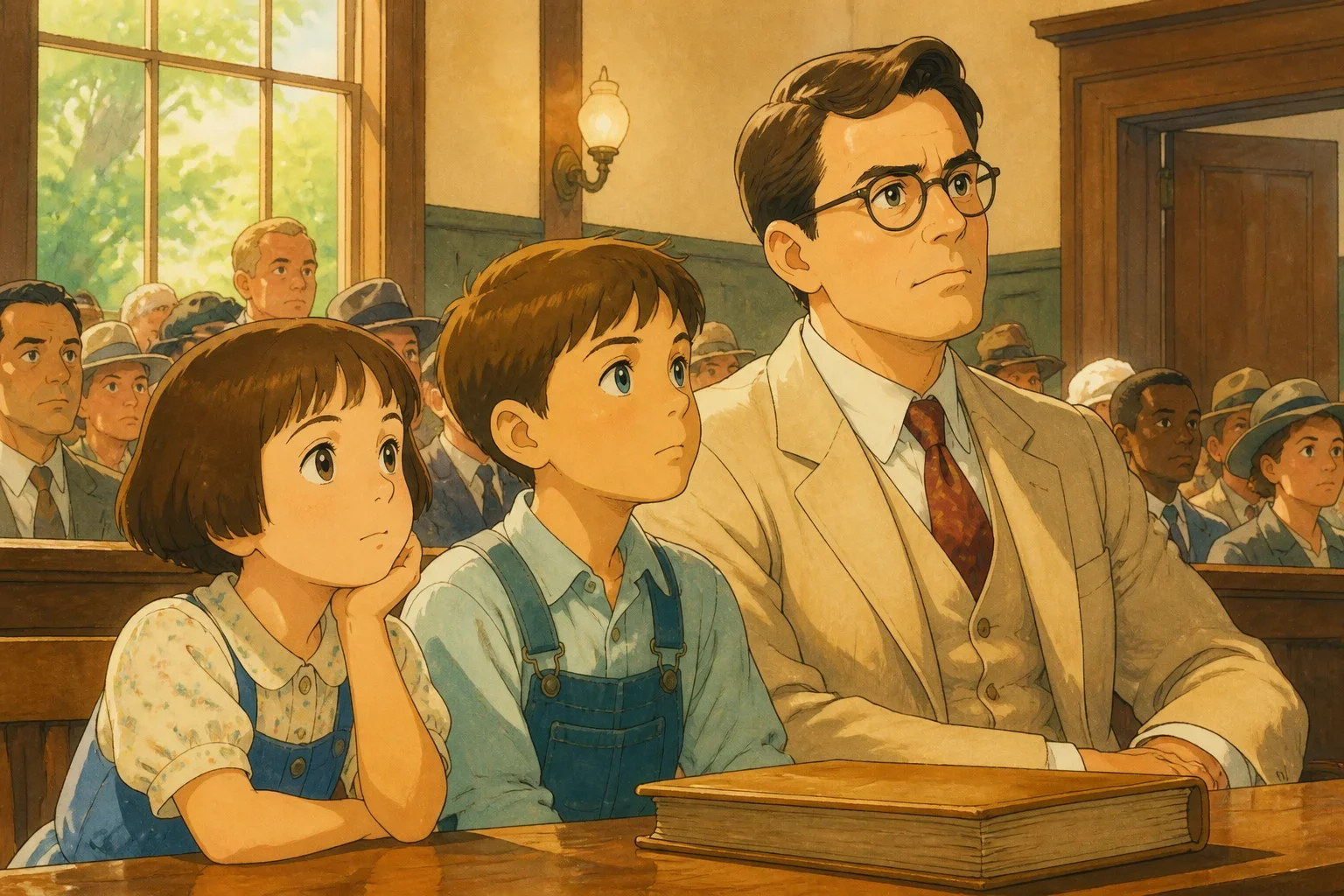 Children Scout and Jem listening attentively to their father Atticus as he prepares for the trial, with a courtroom setting in the background.