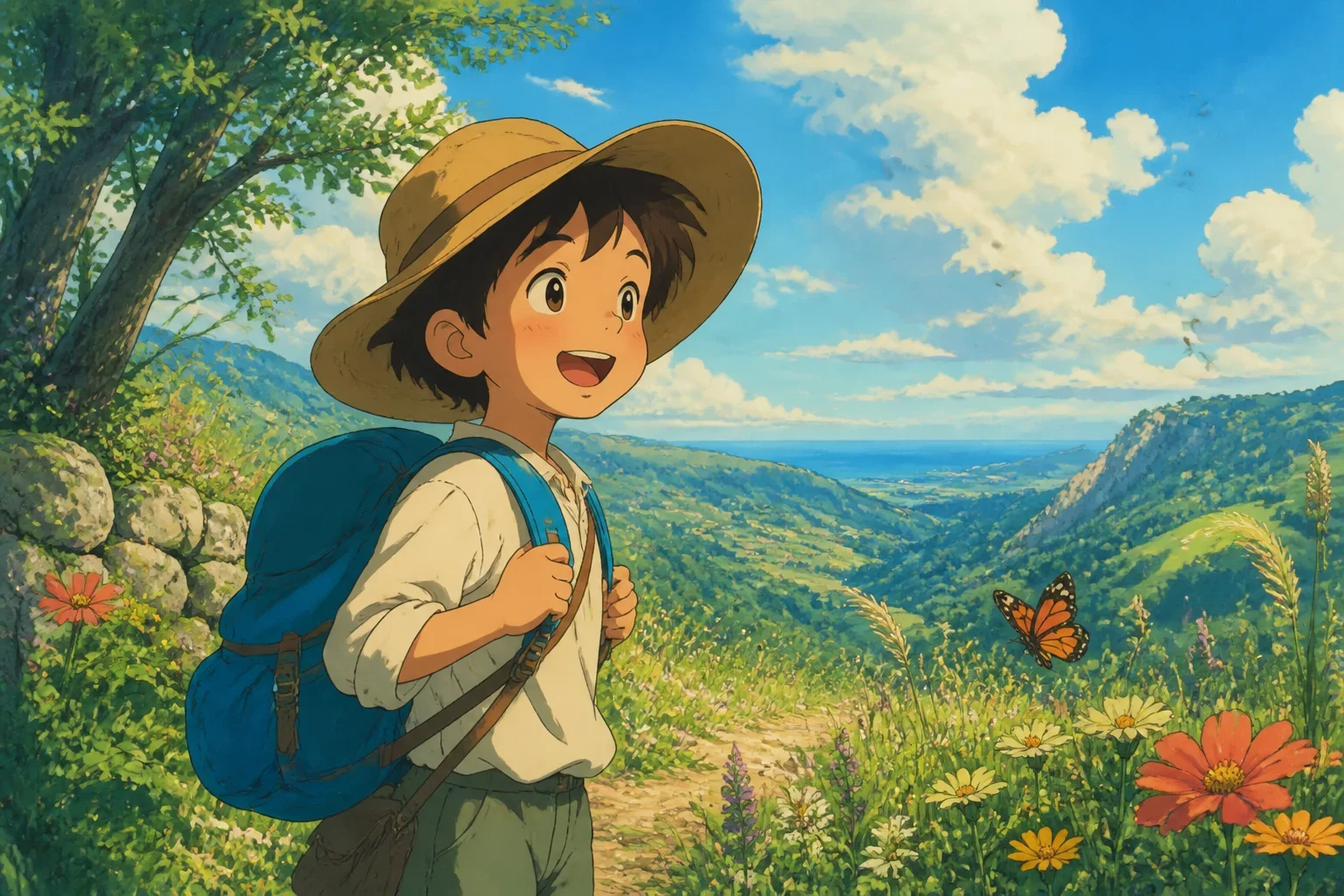 A young boy with a big backpack and a wide-brimmed hat standing in a colorful meadow filled with flowers, smiling excitedly, preparing for his adventure.