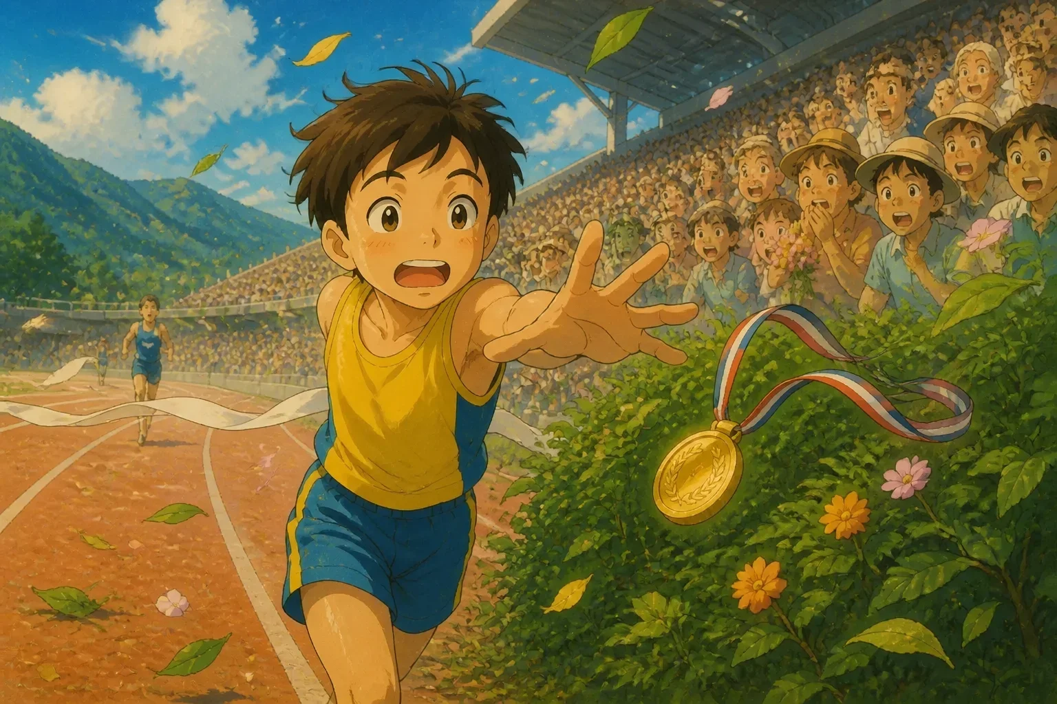 A young boy in running clothes looking surprised as his gold medal slips from his hands and falls into bushes.