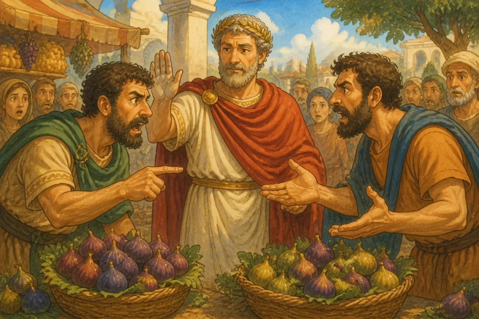 A bustling Roman marketplace with two merchants arguing over a shipment of figs, as Emperor Marcus Aurelius calmly intervenes, with intrigued onlookers in the background.