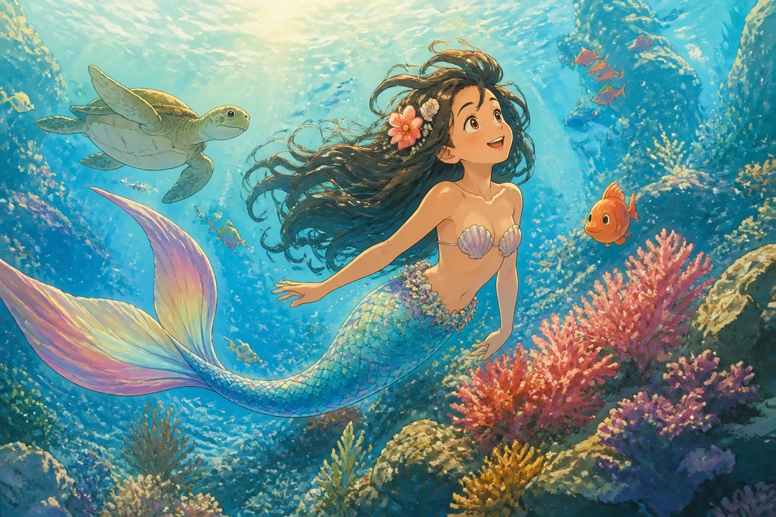 A beautiful mermaid with flowing hair and a vibrant tail swimming in a colorful coral reef, exploring the ocean.