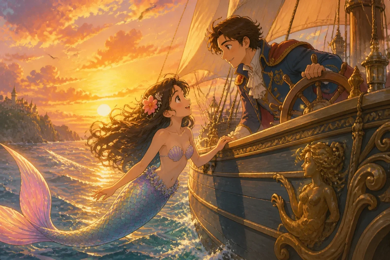 A mermaid with shimmering scales meets a handsome prince on a sailing ship at sunset, gazing into each other's eyes.