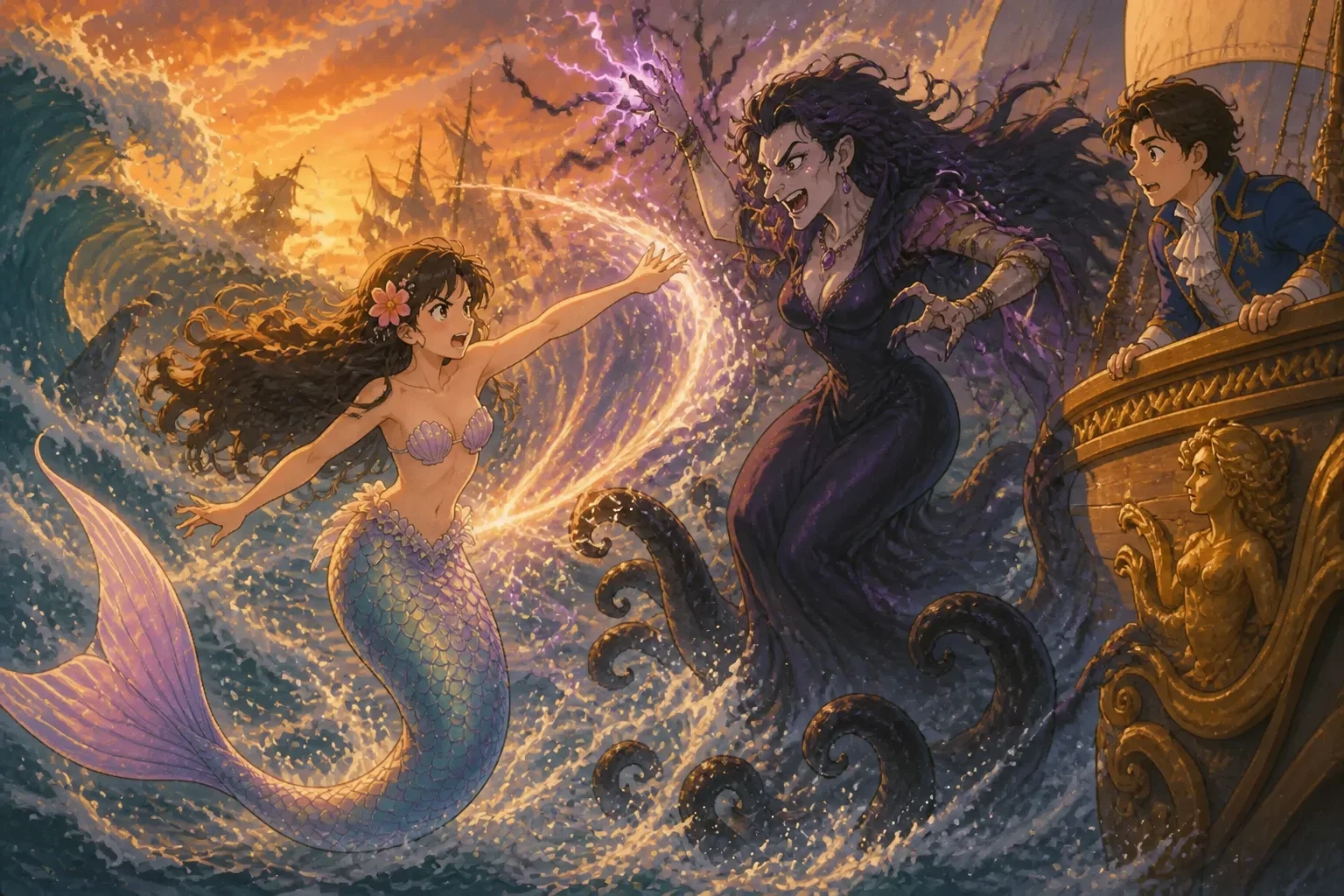 A brave mermaid fights Ursula, the sea witch, to save the prince, with determination and courage in her expression.