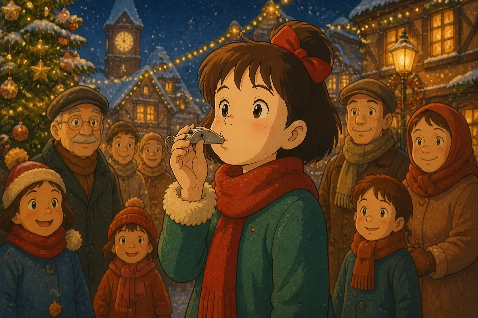A girl with a bright smile blowing into a silver whistle in a snowy town square, surrounded by Christmas decorations and happy townspeople.