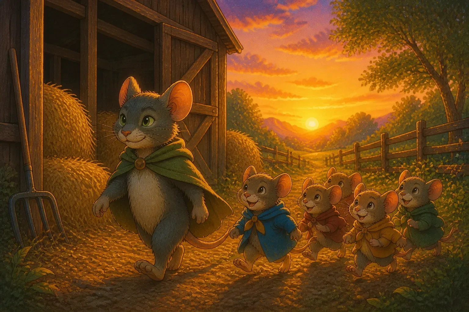 A group of mice hurriedly leaving the barn after discovering the trick, with Mr. Squeaks leading them away, as the barn and sunset create a tense, yet hopeful atmosphere.