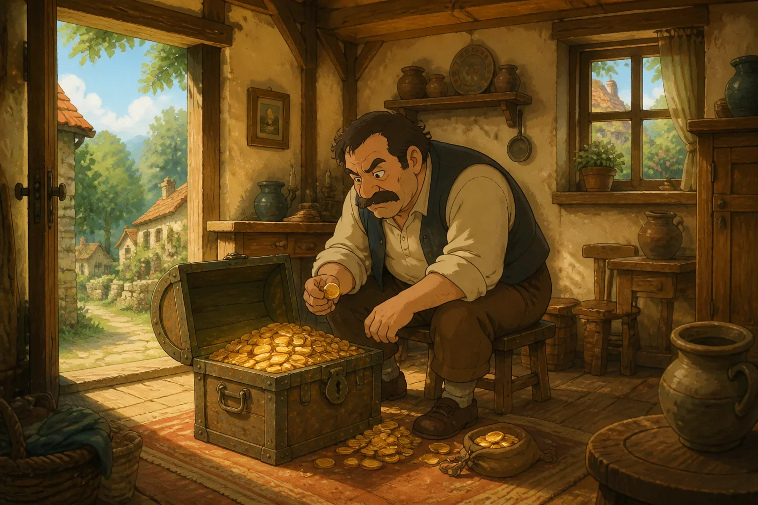 A small, dimly lit cottage in a quiet village surrounded by lush green hills, where a man named Mr. Grumbleton is sitting alone beside a large rusty chest filled with shiny gold coins, counting them with a serious expression.