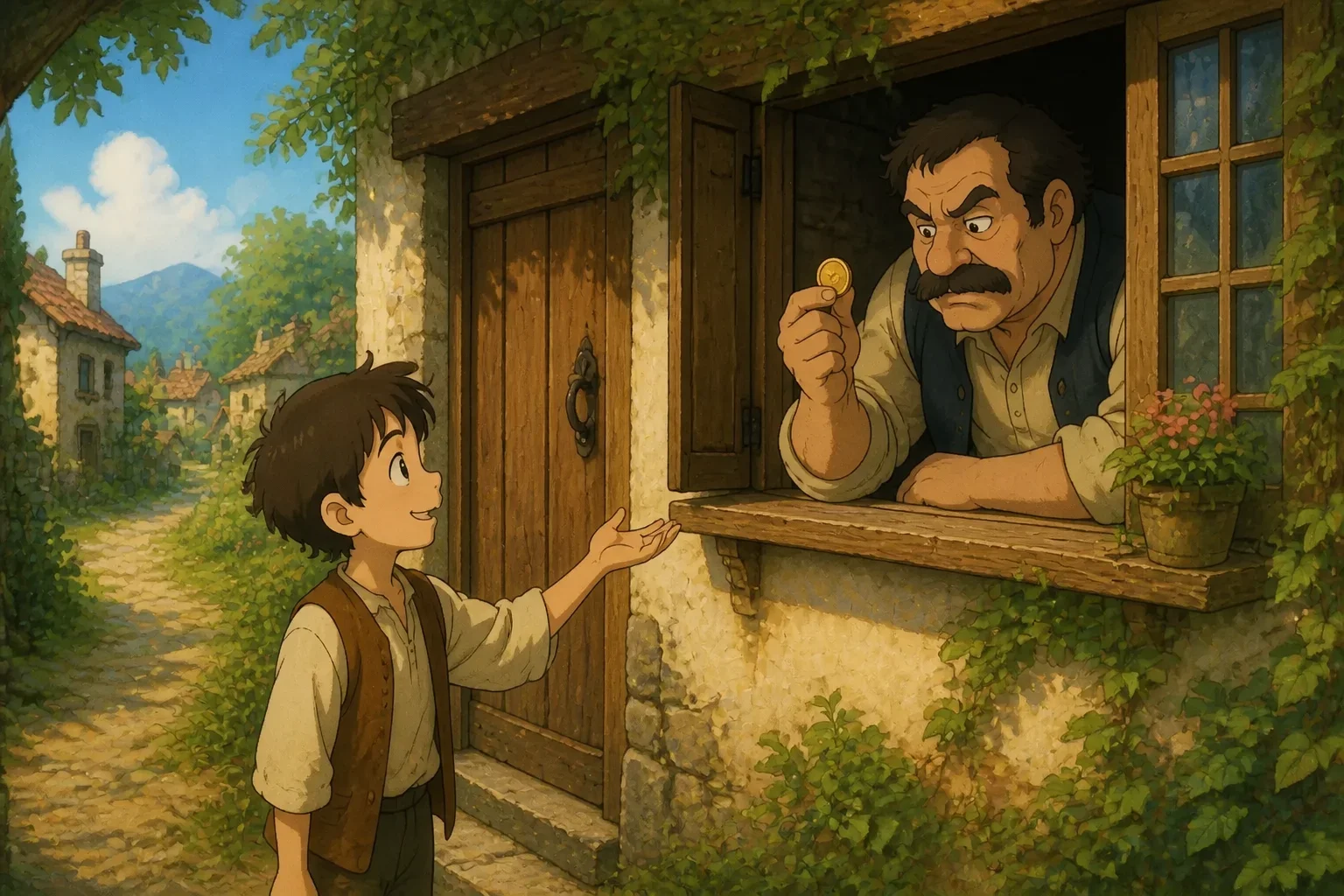 A young boy named Tommy, standing in front of Mr. Grumbleton’s door, politely asking for a coin to buy bread, while the miser looks out the window with a scowl, refusing to help, in a village setting.