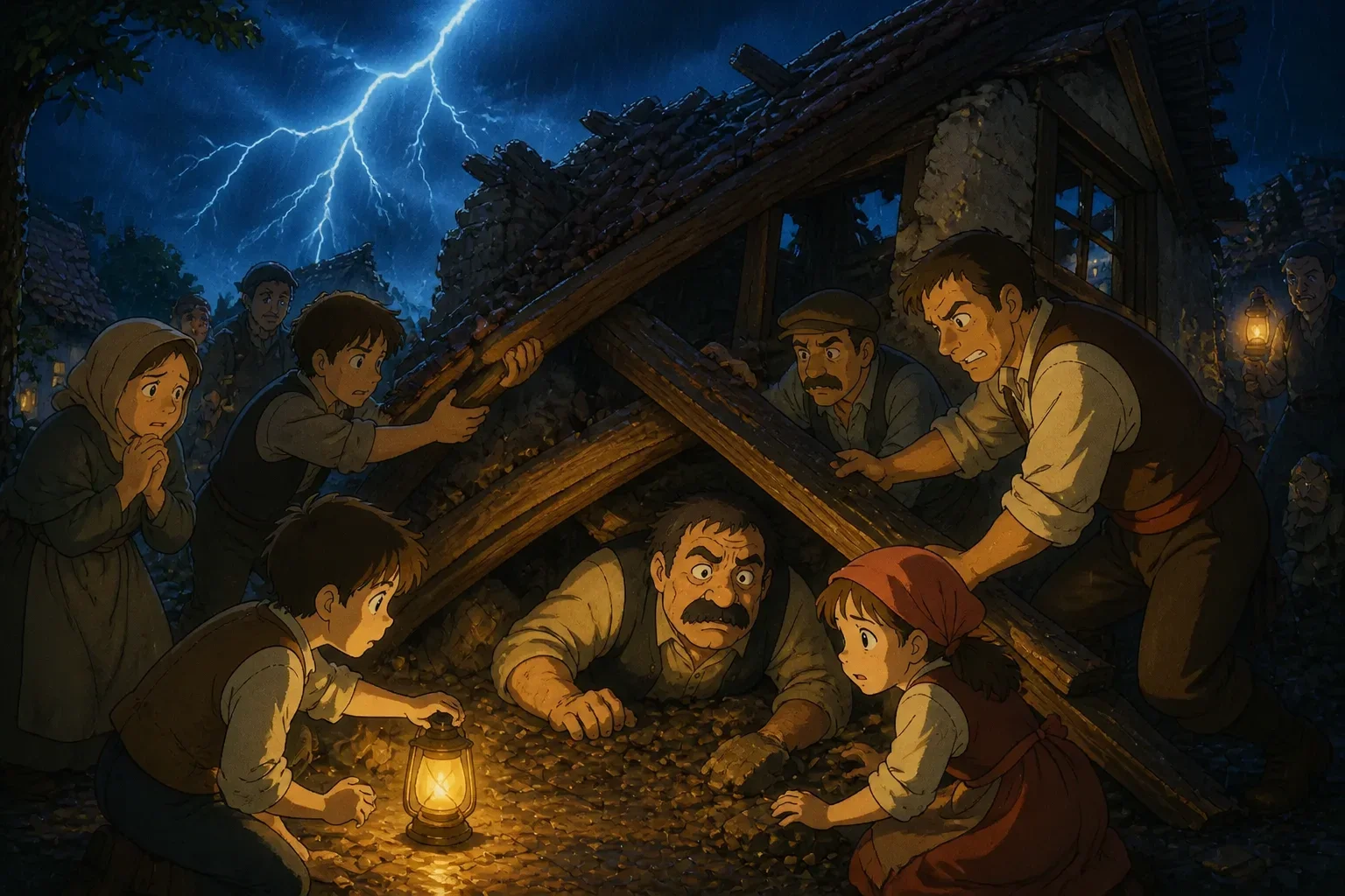 A stormy night scene with Mr. Grumbleton trapped under a fallen tree and debris from his collapsing cottage, villagers rushing to his aid, showing his moment of vulnerability and realization.