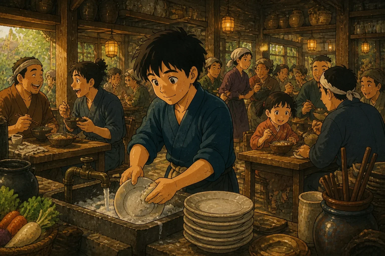 A young man working hard in a restaurant kitchen, washing dishes and performing tasks with determination and a hint of anxiety.