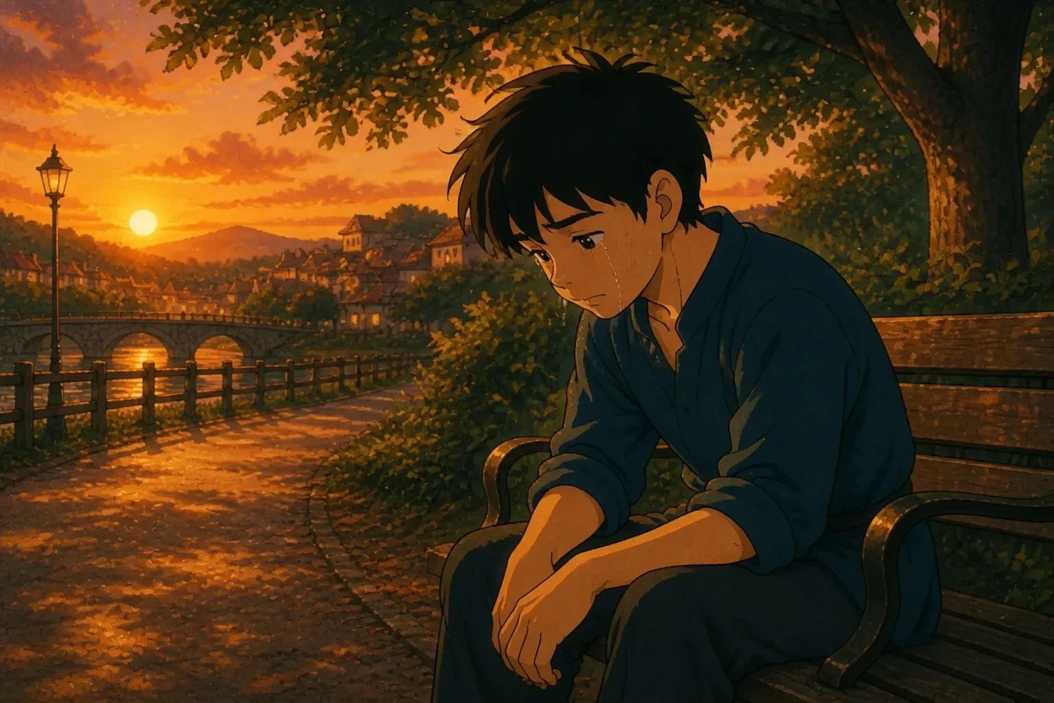 A young man sitting alone in a park during sunset, with tears in his eyes, reflecting on his mistakes and realizations.