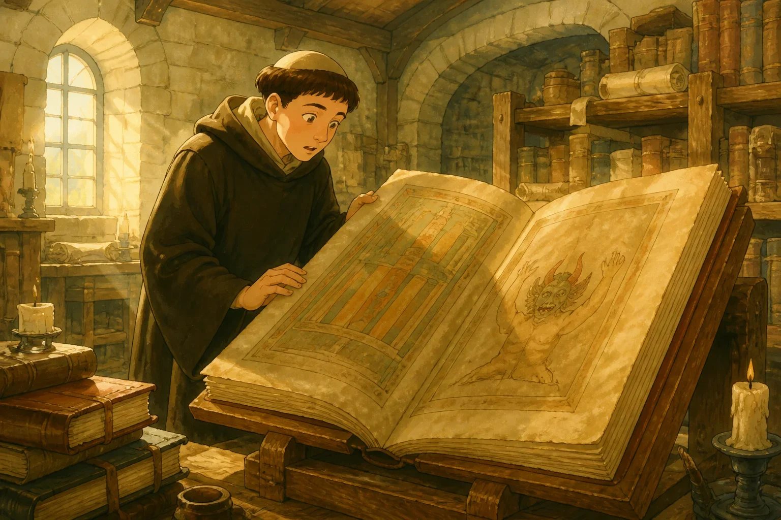 A young monk in a medieval monastery examining a giant ancient manuscript with awe and curiosity.