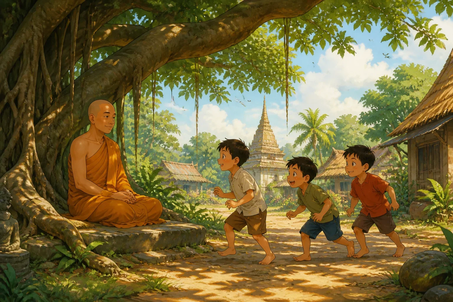 A serene village scene showing a gentle Buddhist monk sitting calmly under a large banyan tree, while three mischievous boys approach him with playful grins.
