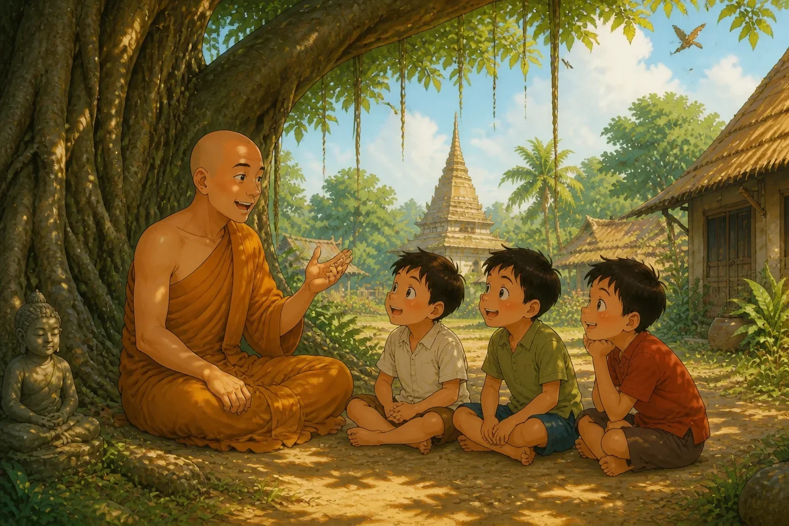 The Buddhist monk sitting on the ground, surrounded by listening boys, as he shares a story about a river and kindness with a gentle, wise expression.