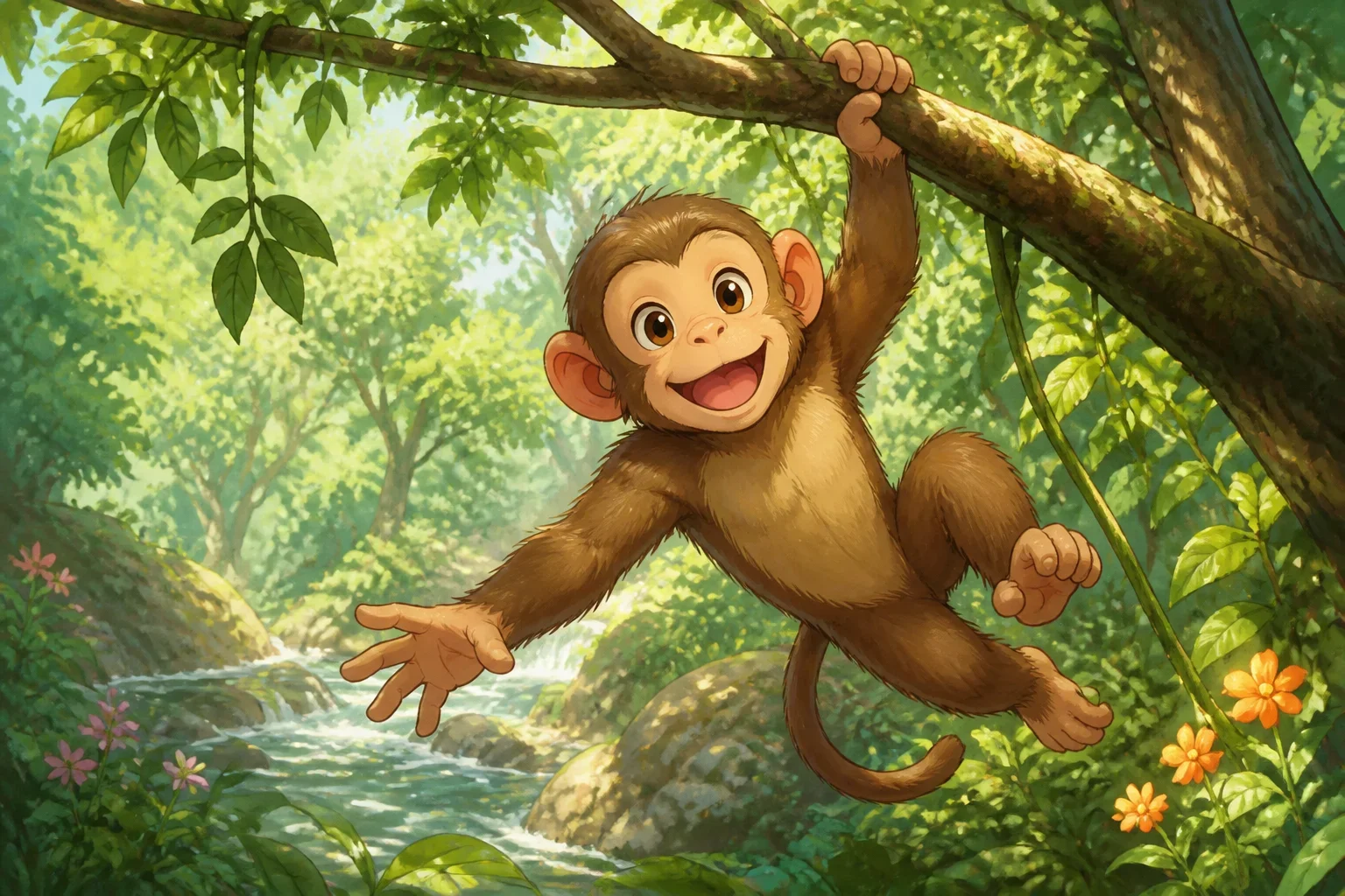 A cheerful monkey swinging on a tree branch in a lush green forest.