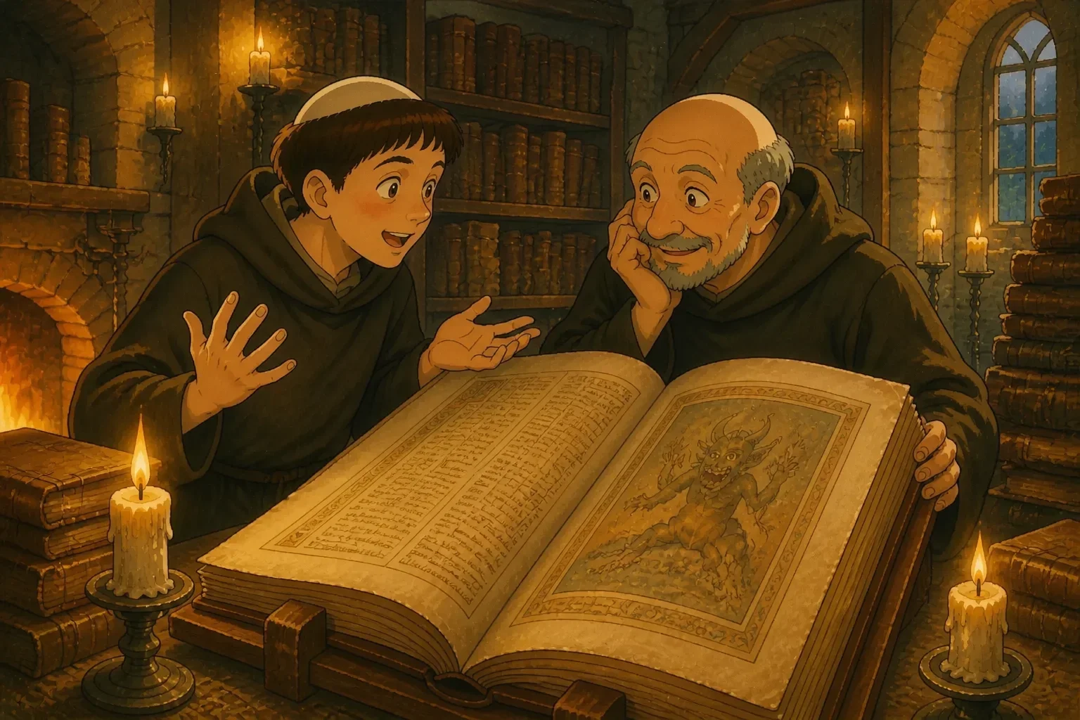 Two monks reading the ancient Codex Gigas by candlelight, discovering texts and illustrations inside.