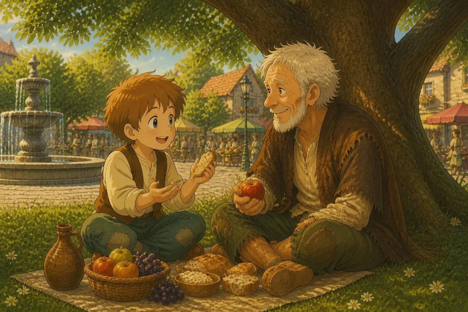 A young boy and an old man sitting together under a tree, sharing stories and smiling warmly, capturing a moment of friendship and kindness.