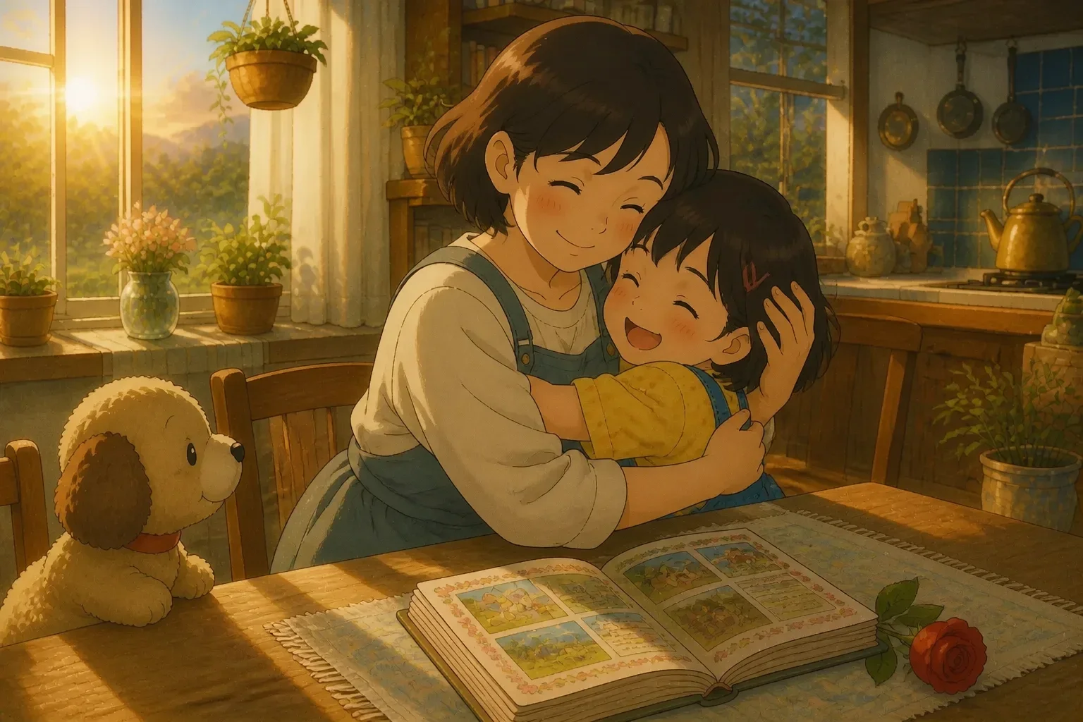 Heartwarming moment of Lily and her mother Mrs. Thompson embracing each other lovingly, with the scrapbook visible nearby, in a cozy, cheerful home.
