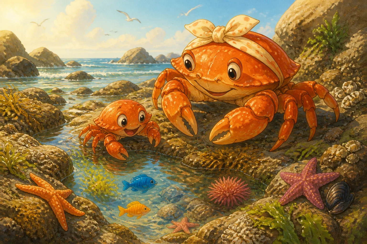 A caring mother crab and her curious son exploring colorful tide pools under a bright, sunny sky.