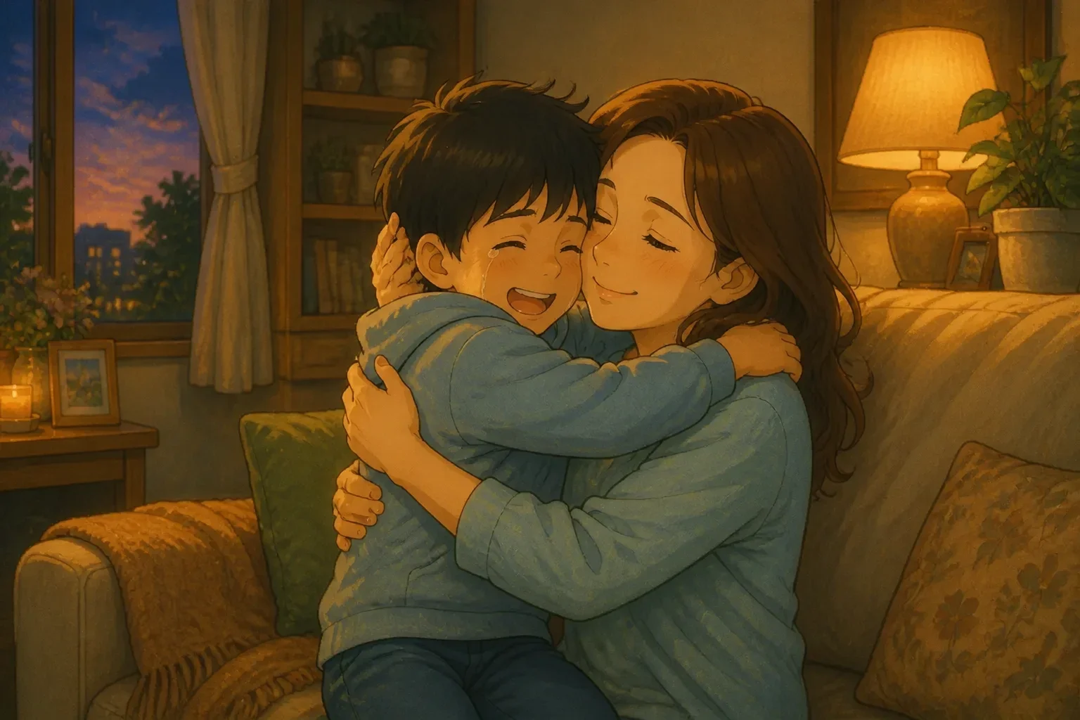A mother and son sharing a warm embrace in a joyful, emotional moment, with the boy smiling through tears, surrounded by a peaceful home environment.