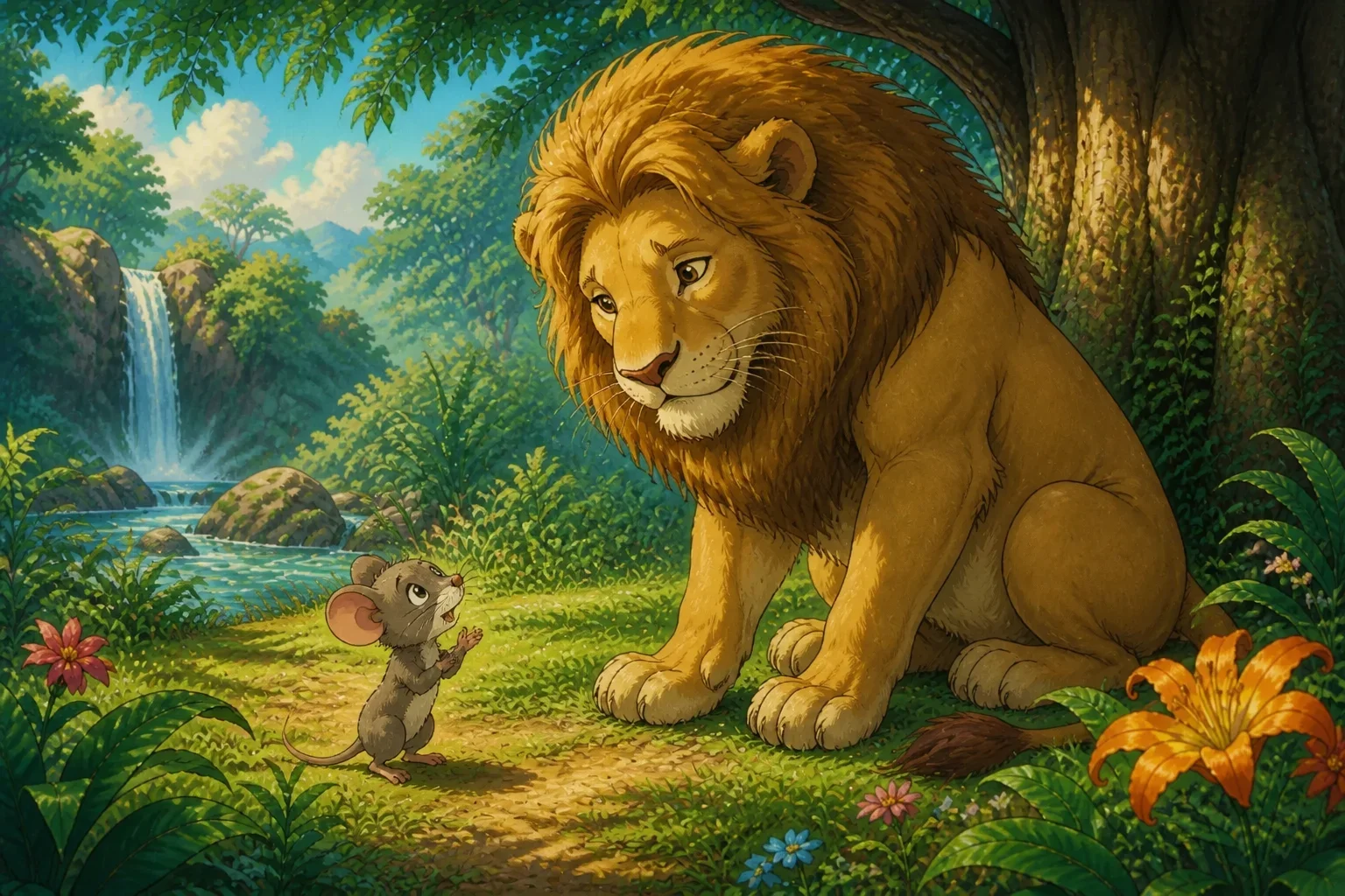 A small mouse trembling in front of a growling lion as it speaks earnestly.