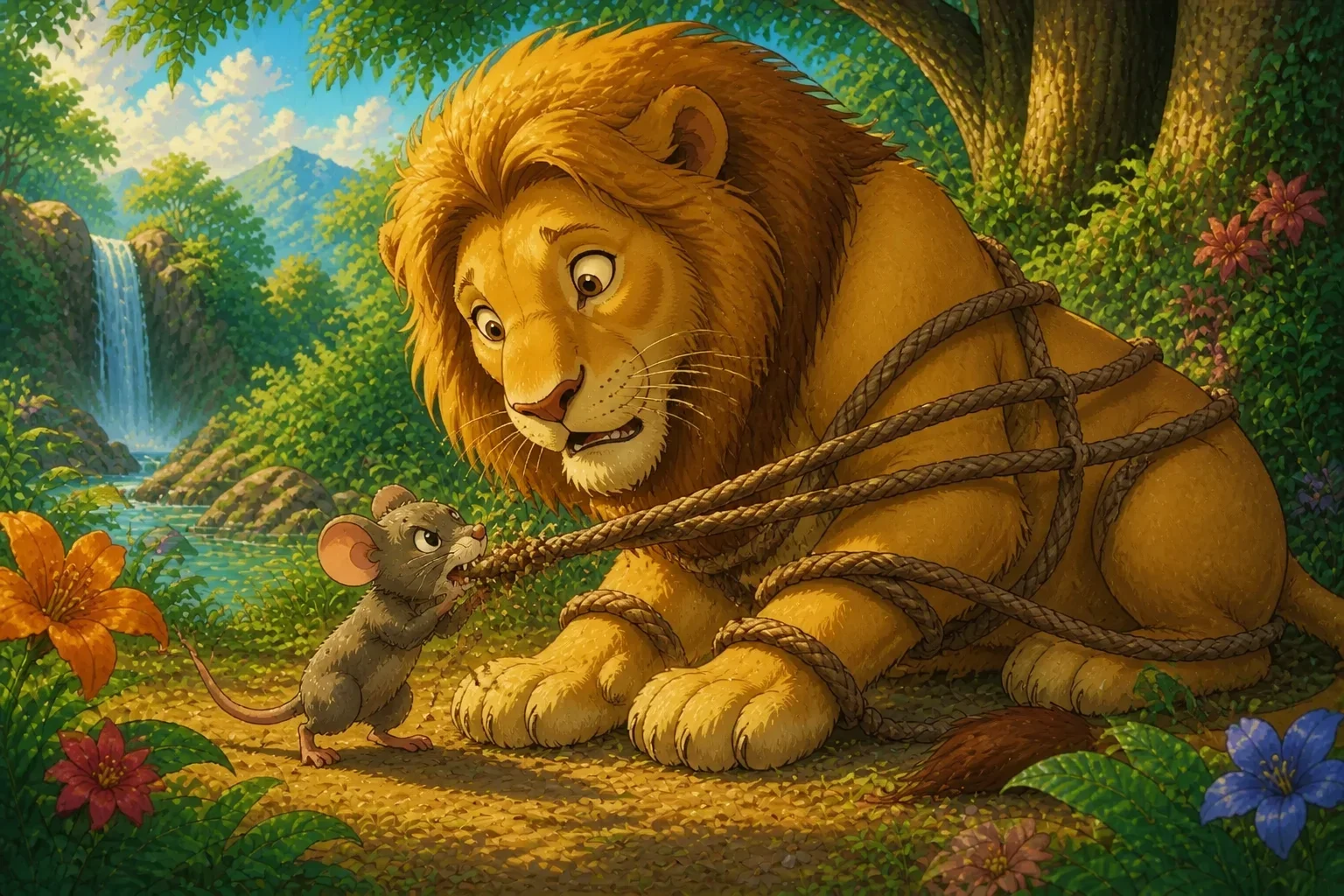 A brave tiny mouse gnawing at the ropes that trap a lion, showing determination and friendship.