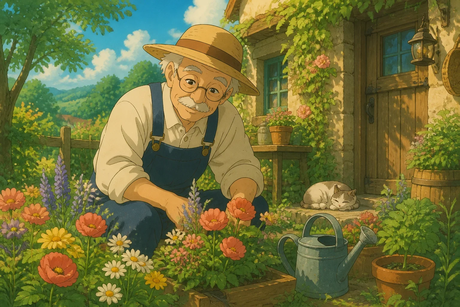 A gentle man, Mr. Elwood, tending to his colorful garden at dawn, surrounded by blooming flowers and a cozy wooden cottage.