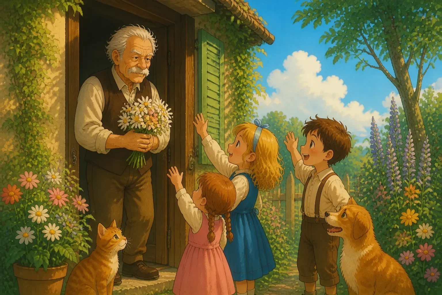 The once grumpy Mr. Grumble smiling softly while holding a bouquet of daisies, with children around him saying hi, in a warm, charming children’s storybook style.
