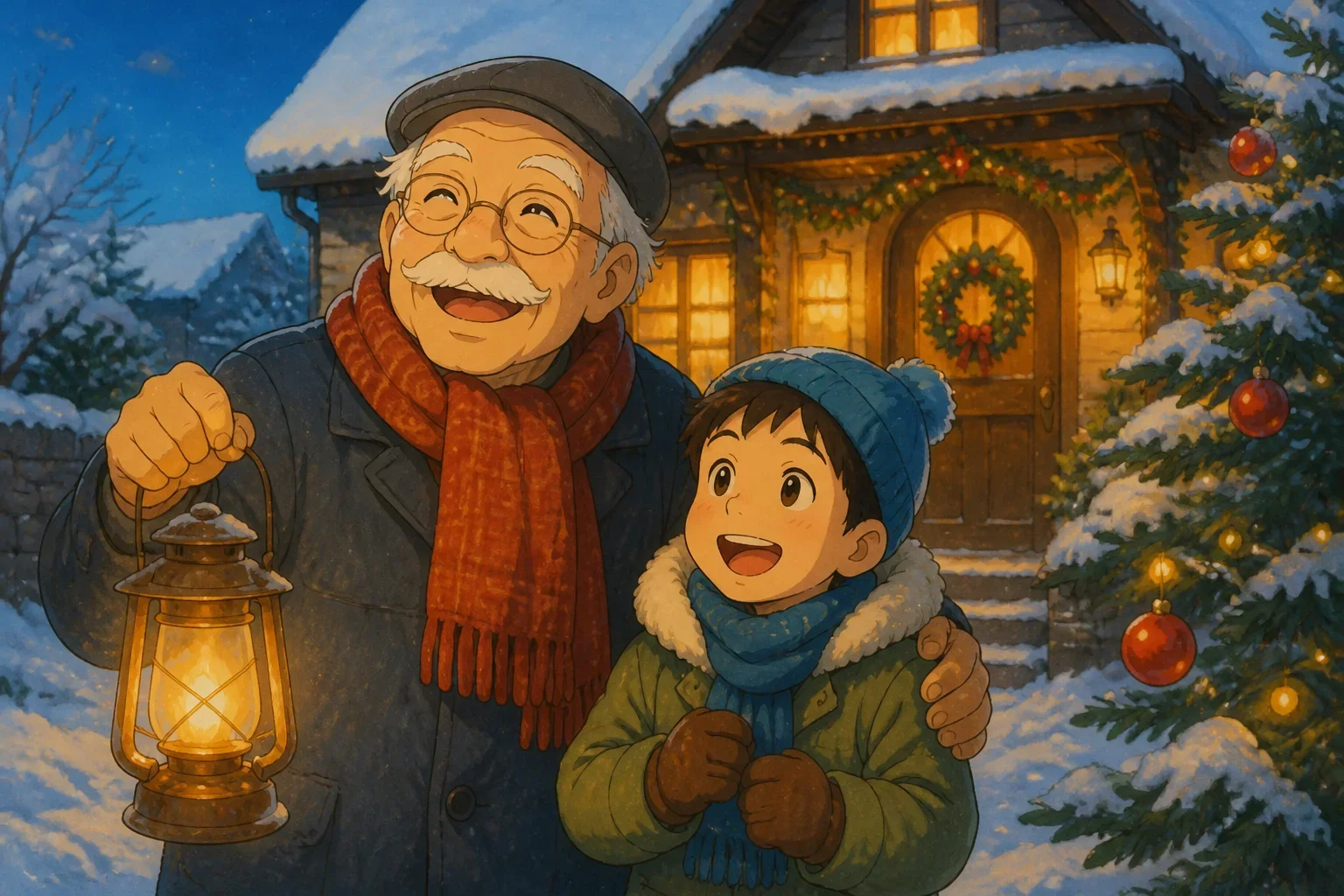 An elderly man, Mr. Thompson, warmly welcoming a small boy, Timmy, with a smile outside his cozy house decorated for Christmas, snow gently falling around them.