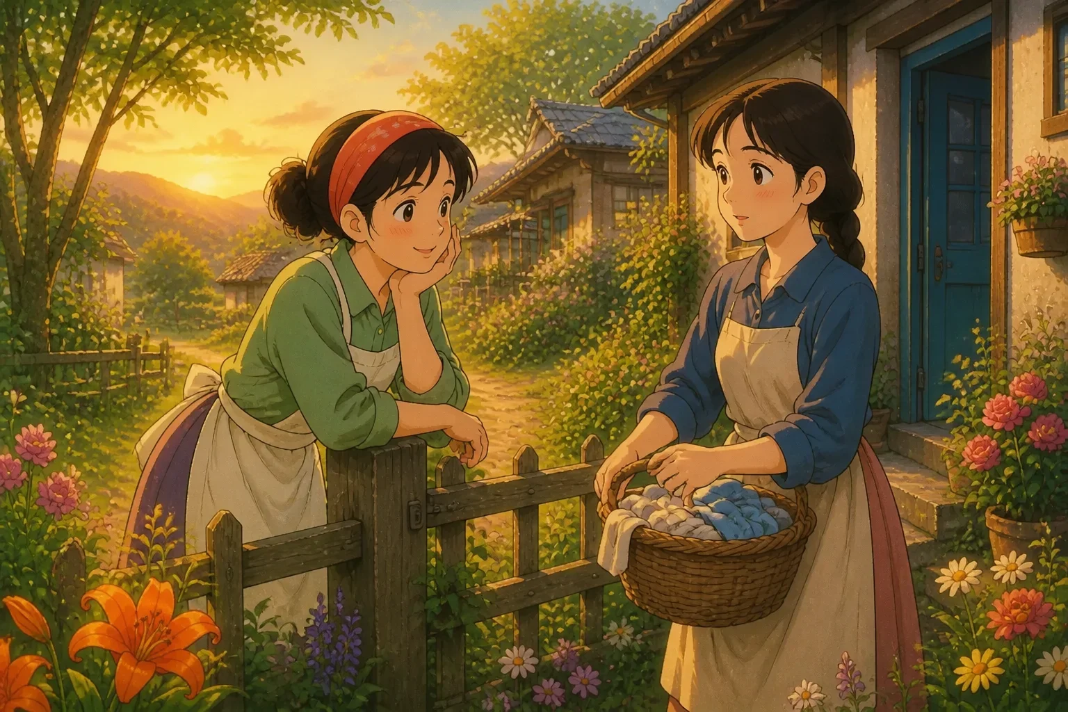 Two villagers, Mira and Tom, discussing their desires with slightly frustrated expressions on their faces, standing outside in their village street.