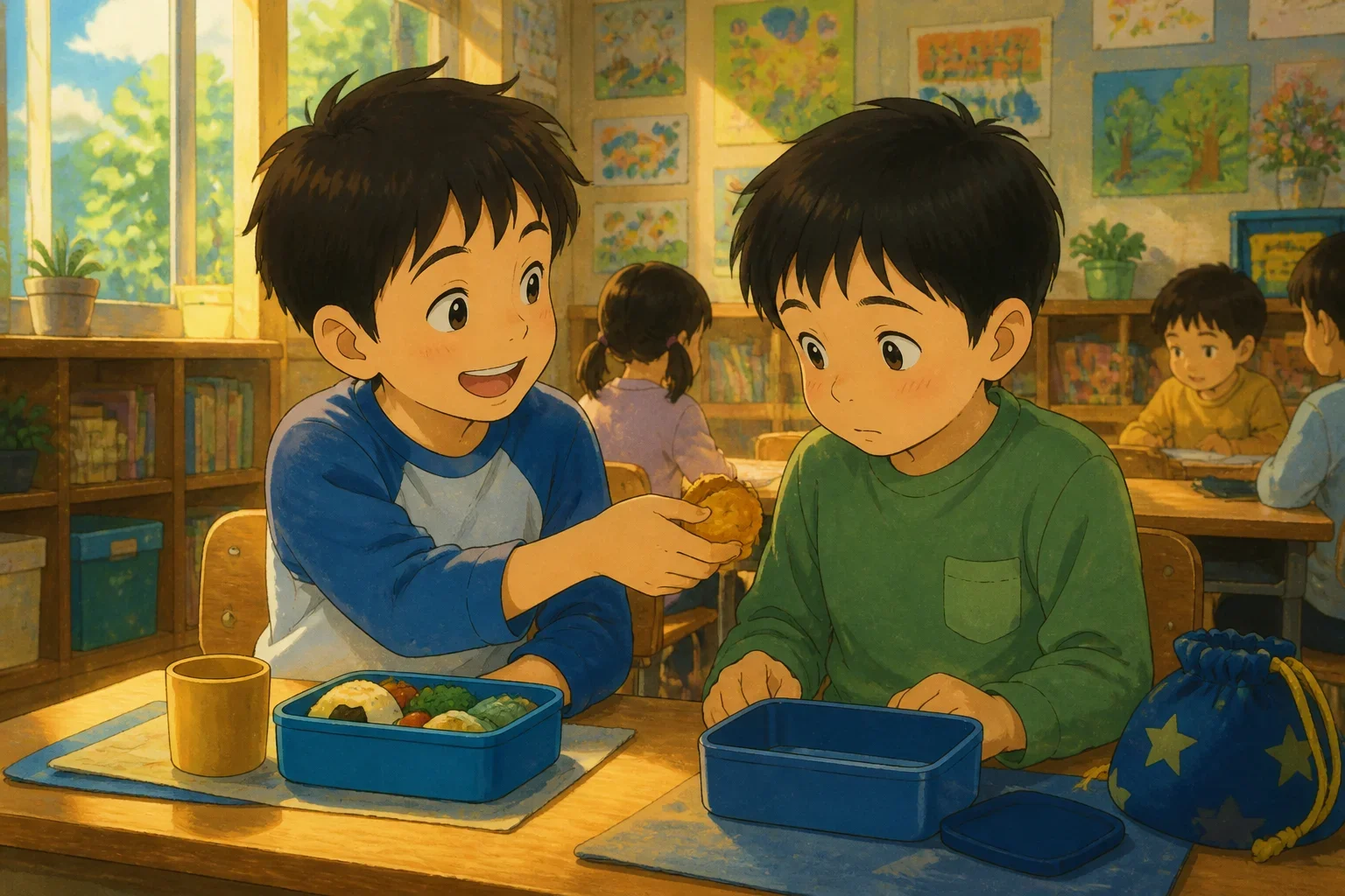 A young boy with a shy smile sharing part of his lunch with a cheerful classmate across a desk in a colorful classroom.