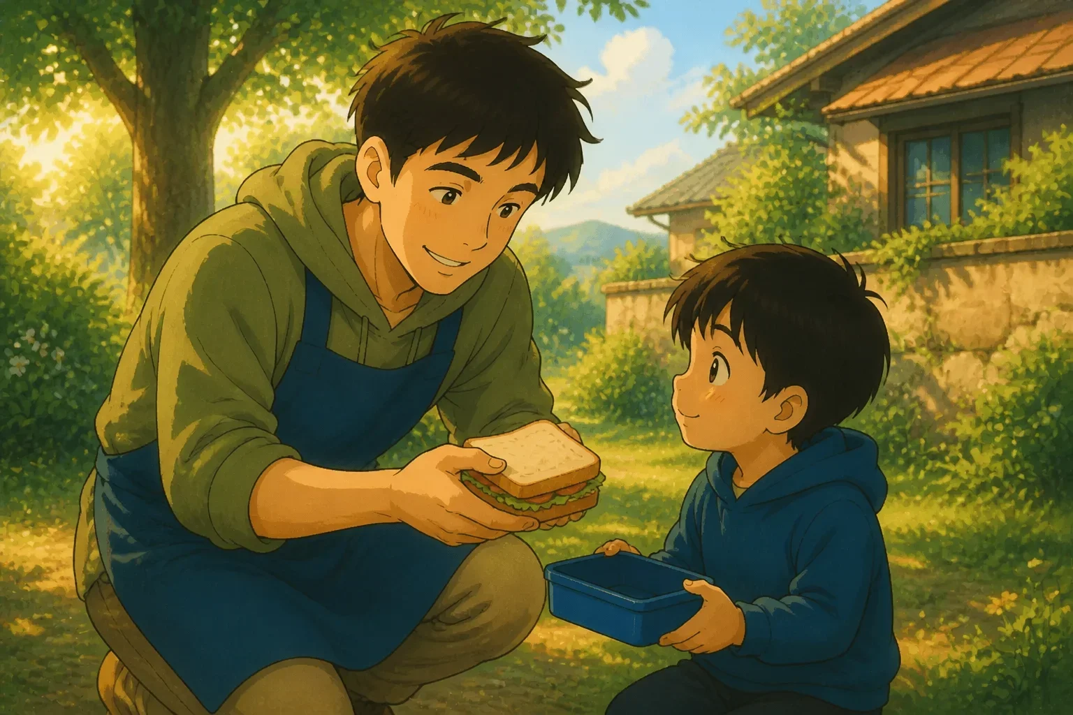 A caring adult kneeling to a small boy with an empty lunch box, offering a sandwich in a sunny outdoor setting.